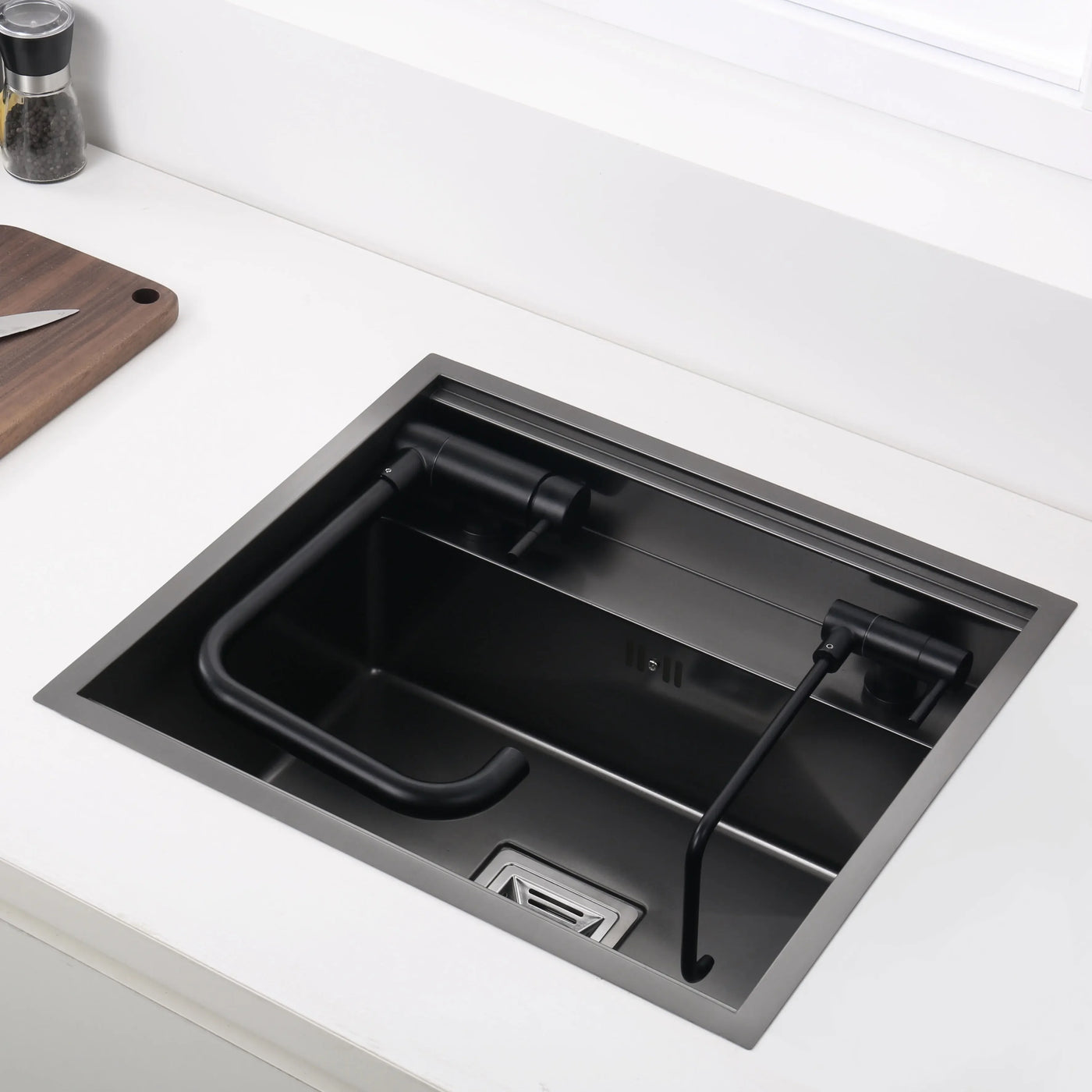 Hidden Black Kitchen Sink Bowl Bar Stainless Steel Balcony Sink Concealed Black Bar Sink with Clean Water Tap Open Kitchen