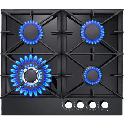 Gas Stove Top 24 inch，24 inch Gas Cooktop4 Burner，Black Tempered Glass Dual Burners Propane Cooktop with Thermocouple Protection