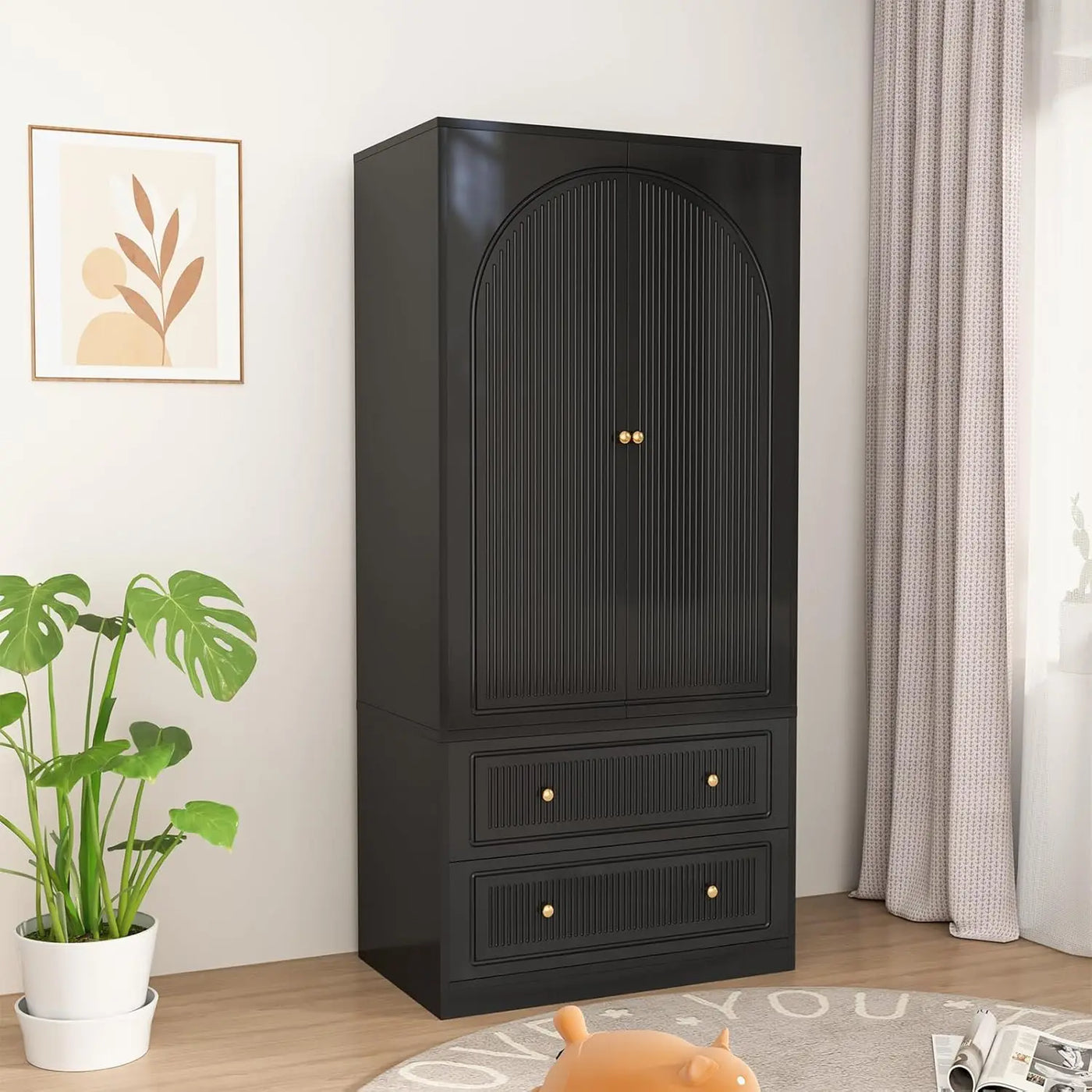 71" Wardrobe Closet with 2 Door & 2 Drawer, Bedroom Wooden Armoire with Hanging Rod Shelf,  w/Gold Handles for Bedroom