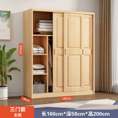 All solid wood pine sliding door wardrobe modern log children's clothes cupboard simple wardrobe home bedroom locker