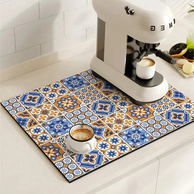 Coffee Maker Mat Retro Dish Drying Mats for Kitchen Non-slip Draining Pad Quick Dry Tableware Placemat Dinnerware Washable