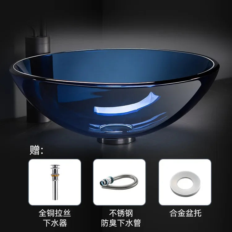 42cm Round Tempered Glass Sink Blue Bathroom Washbasin Hotel Balcony Countertop Art Basin Transparent Bowl Basin With Drain Sets