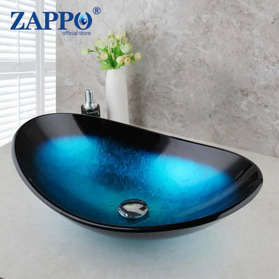 ZAPPO Tempered Glass Bathroom Vessel Sink with Waterfall Black Faucet Tap Bathroom Oval Blue Vessel Sinks Above Counter Basin