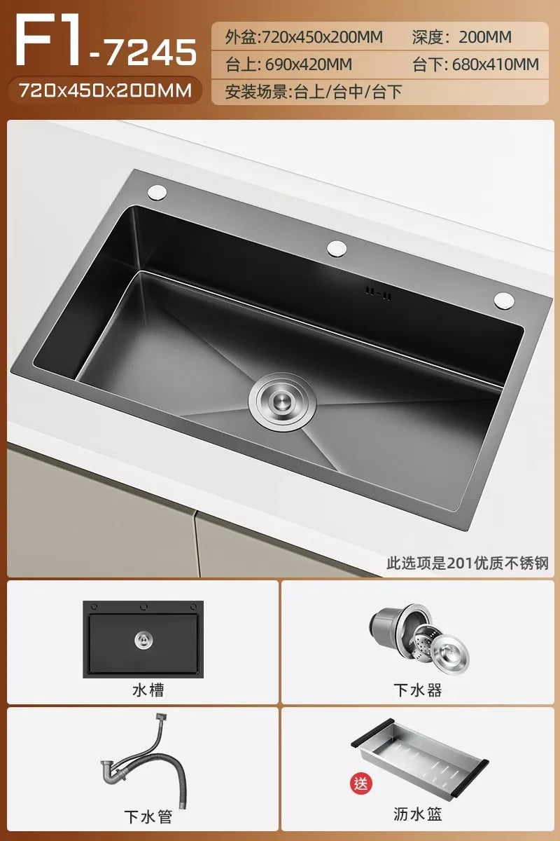 Stainless steel black sink, large single sink, hand-thickened kitchen under-counter basin, vegetable basin, dishwasher