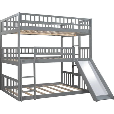 Triple Bunk Beds with Slide, Wooden Full Over Over，Ladder Guardrails, Beds Kid