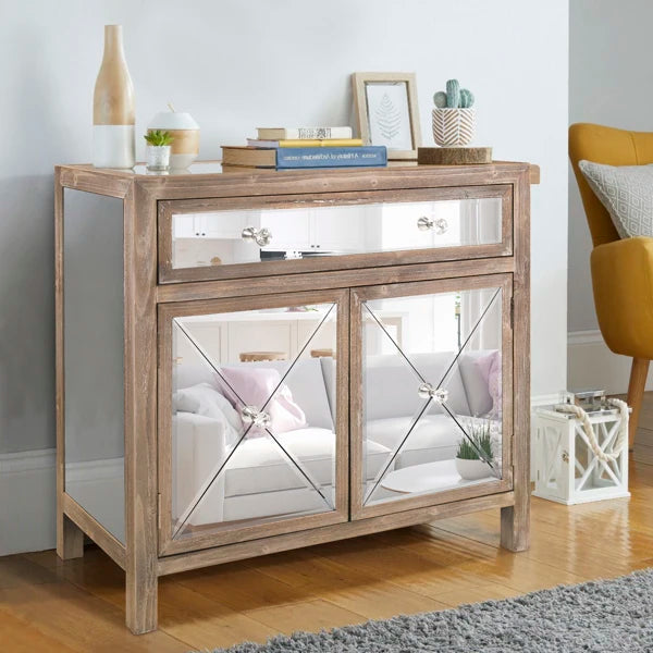 Rustic Drawer Cabinet with Mirror Surface, Half Glass, One Drawer, Two Doors, FCH Silver MDF Side Cabinet