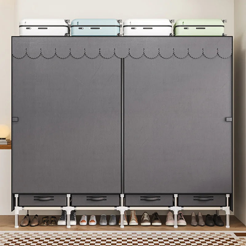 Grey easy zipper double bar wardrobe with drawers for easy assembly - durable clothing storage solution