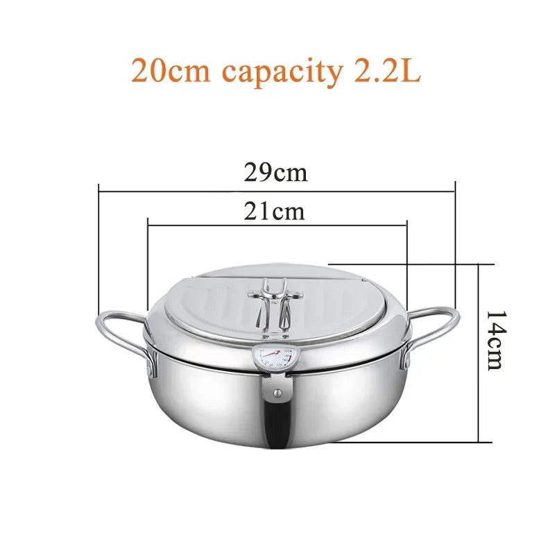 20 /24 /28cm Japanese Deep Frying Pot with a Thermometer and a Lid 304 Stainless Steel Kitchen Tempura Fryer Pan