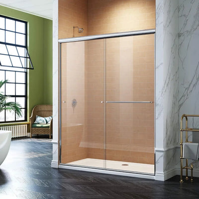 Double Sliding Shower Door Semi-Frameless Shower Enclosure  Glass Bypass Sliding Bathroom Door, Chrome Finish