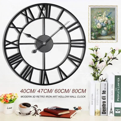 40/47/60/80cm Wall Clock Modern 3D Large Retro Black Iron Round Hollow Metal Wall Clock Nordic Roman Numerals Clock Home Decor