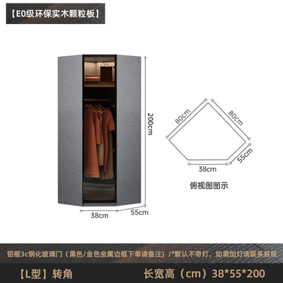 Solid wood wardrobe, bedroom home glass door L-shaped modern light luxury corner cloakroom storage cabinet combination wardrobe