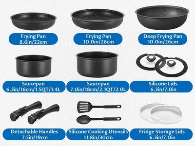 Induction Cookware Set 13 Pieces, Nonstick Pots and Pans Set with Removable Handles, for All Hobs, Stackable Design for RV