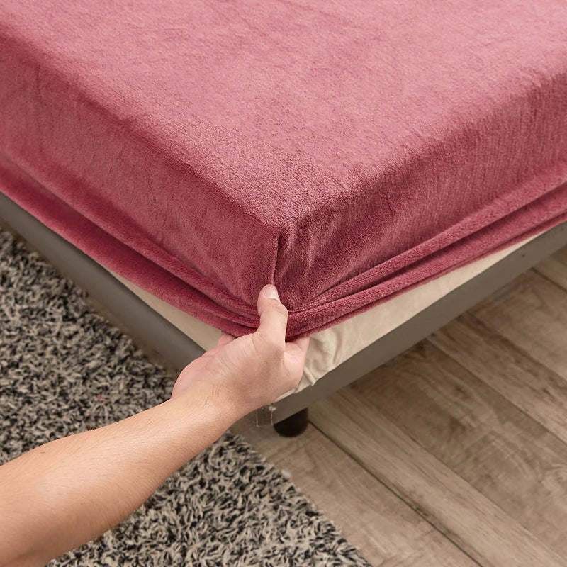 solid stretch Velvet Fabric Fitted Sheet Soft Elastic Bedspread Mattress Cover Bed Linen Protector Fitted Sheet winter keep warm