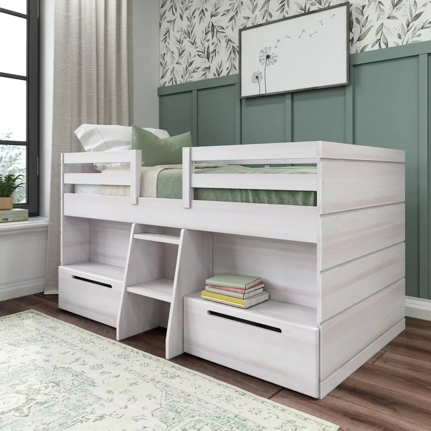 Modern Farmhouse Low Loft Bed, Twin Bed Frame for Kids with 2 Bookcases, Easy To Assembly, Bedroom Furniture Children Beds