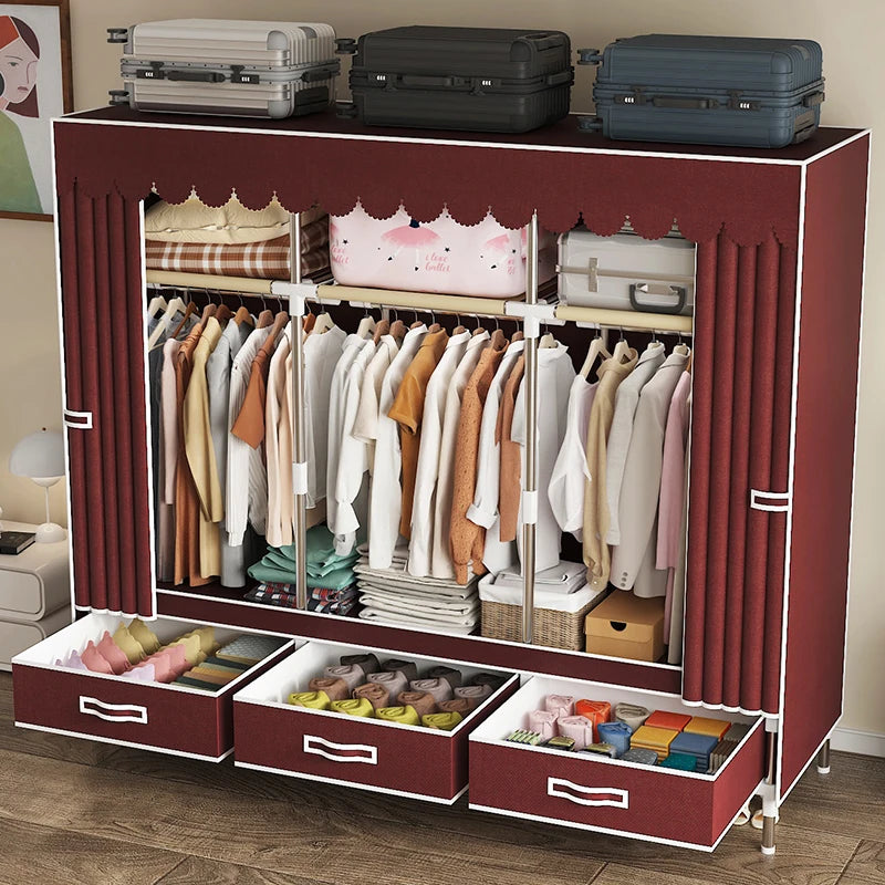 Wardrobe, home bedroom, easy assembly, wardrobe, steel pipe, sturdy and durable, rental room with drawer cabinet