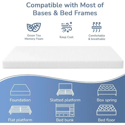 Mattress Cooling Gel Filled, 5" Green Tea Memory Foam, Fiberglass-Free, CertiPUR US Certified, White, Medium Firmness Mattress