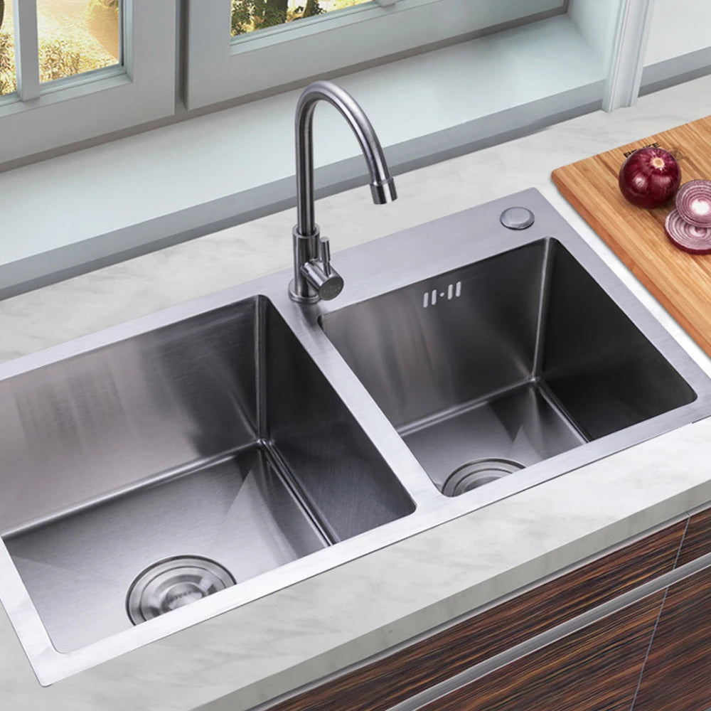 Double Bowl Composite Drop-in Kitchen Sink 2 Bowl Set Stainless Steel 30" Inset Kitchen Sink + Waste