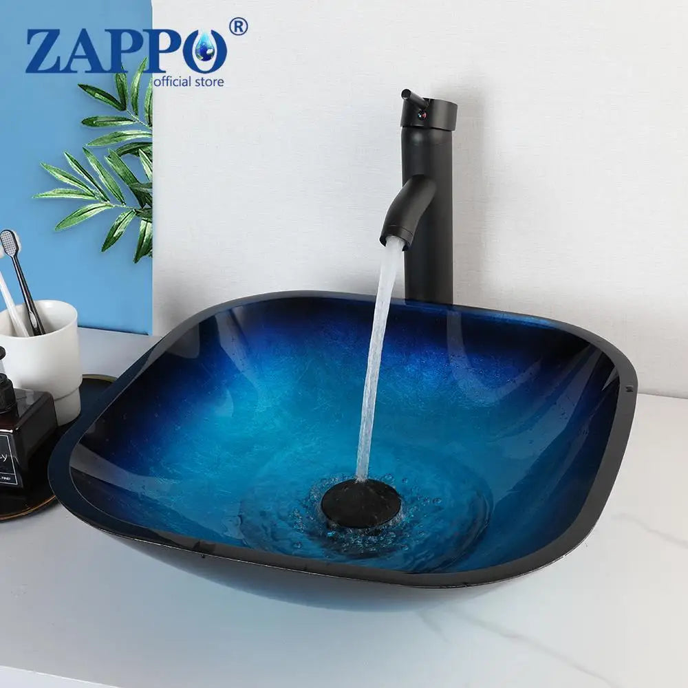 ZAPPO Tempered Glass Bathroom Vessel Sink with Waterfall Black Faucet Tap Bathroom Oval Blue Vessel Sinks Above Counter Basin