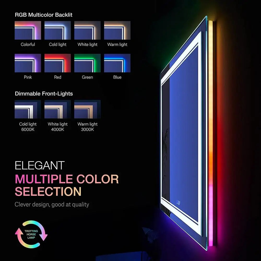 84x40 Inch RGB Backlit LED Bathroom Mirror Front & RGB Lighting Stepless Dimming Anti-Fog Tempered Glass Easy Installation