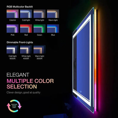 84x40 Inch RGB Backlit LED Bathroom Mirror Front & RGB Lighting Stepless Dimming Anti-Fog Tempered Glass Easy Installation