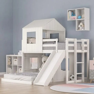 House Bunk Beds Twin Over Full Size, Wood Bunk Beds with Roof and Window Distressed Grey, Twin Over Full with Slide