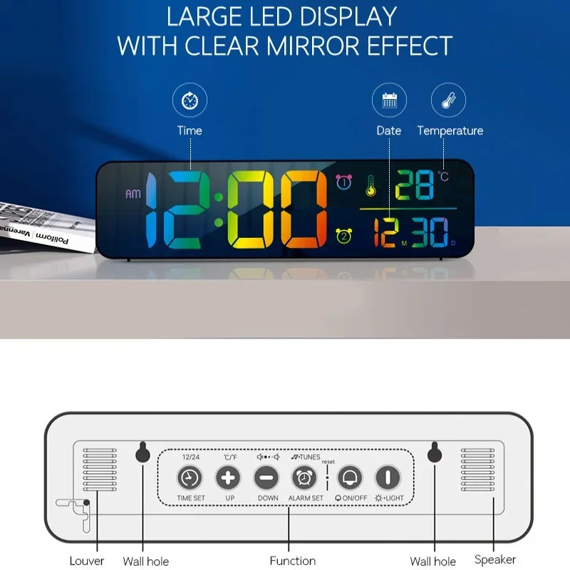 Large Music Digital Wall Clock Temperature Date 5 Level Brightness 12/24H 2 Alarms USB Powered Mirror LED Alarm Clock