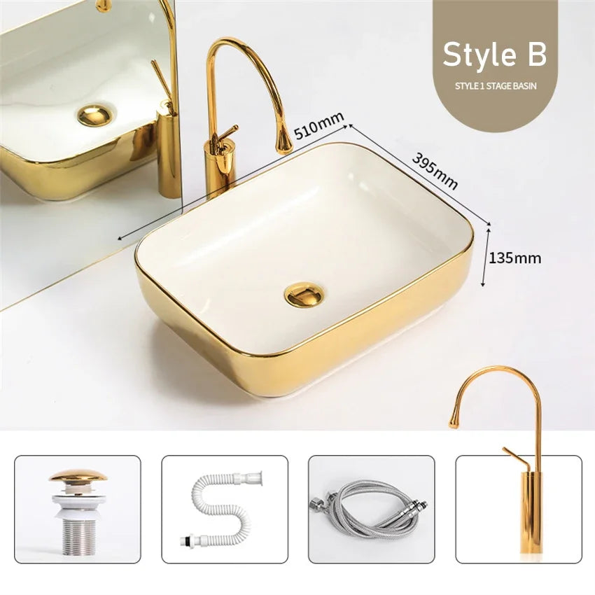 Modern Minimalist Gold Ceramic Tabletop Basin European Style Household Washbasin Basin Square Light Luxury Bathroom Wash Basins