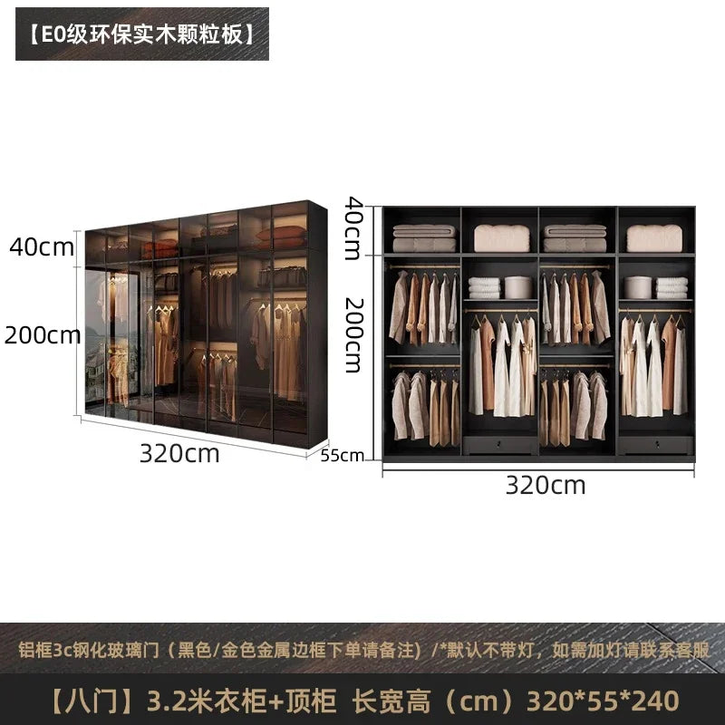 Solid wood wardrobe, bedroom home glass door L-shaped modern light luxury corner cloakroom storage cabinet combination wardrobe