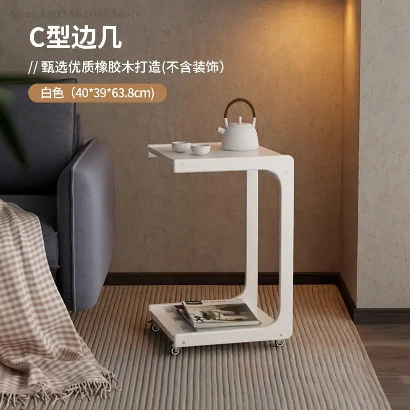 Solid Wood Sofa Side Table Cabinet Movable Table With Wheels Mini Coffee Table Living Room Small Apartment C- Shaped Small Tea