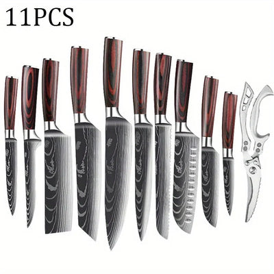 11 Pcs, Kitchen Chef Knife Set, Stainless Steel Damascus Drawing Gyuto Cleaver Set Slicer Santoku Chef Knife Kitchen Scissors