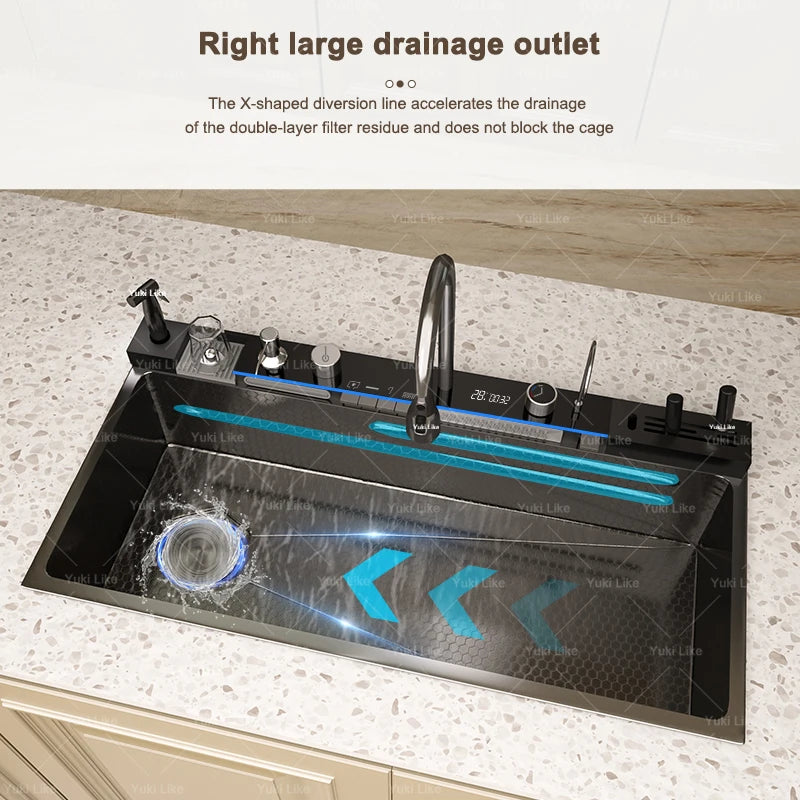 Stainless Steel Waterfall Kitchen Sink Extra Large Single Slot Oversized Sinks Digital Display  Dishwashing Basin