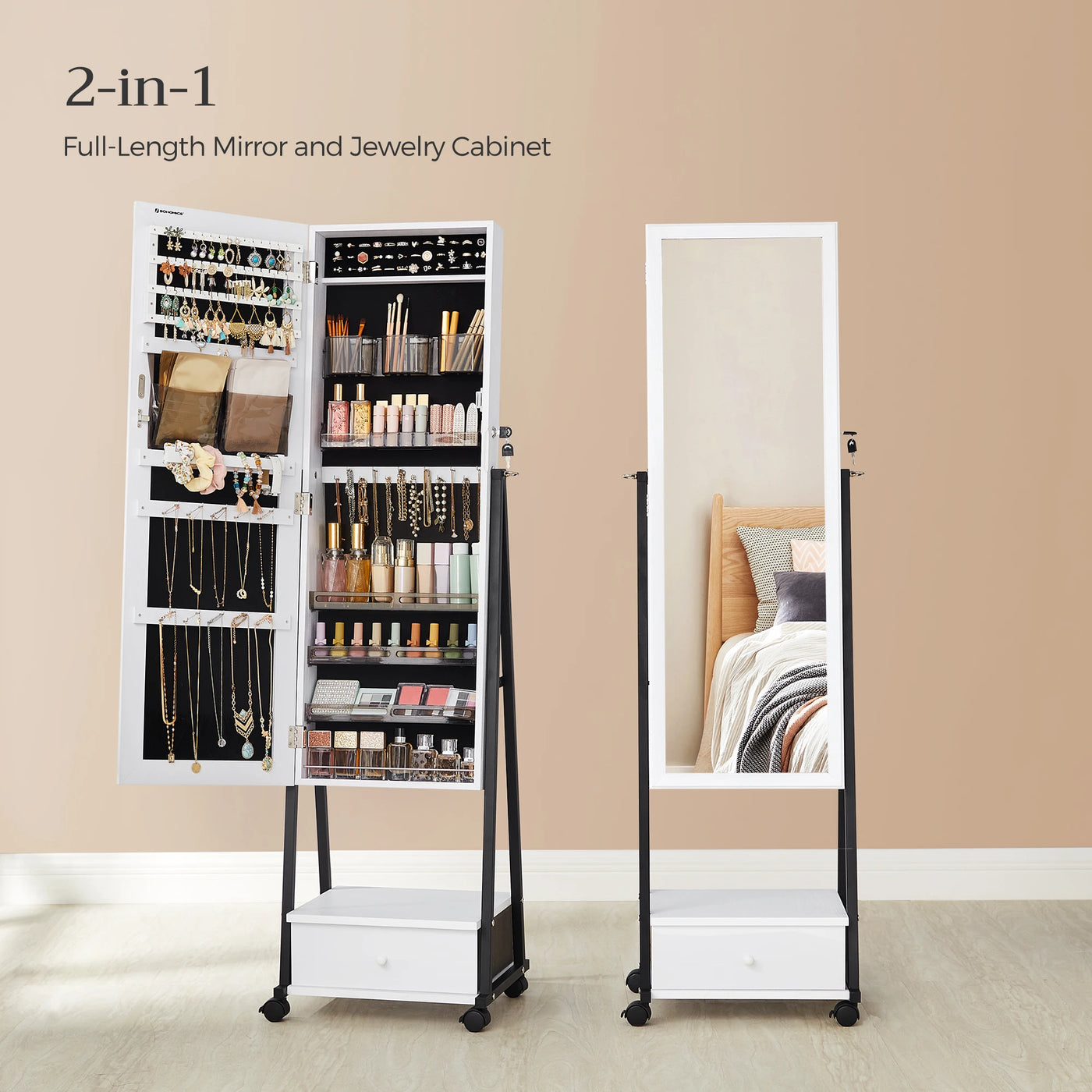 SONGMICS Jewelry Cabinet Floor Standing, Lockable Jewelry Organizer with High Full-Length Mirror, Bottom Drawer, Shelf, Wheels