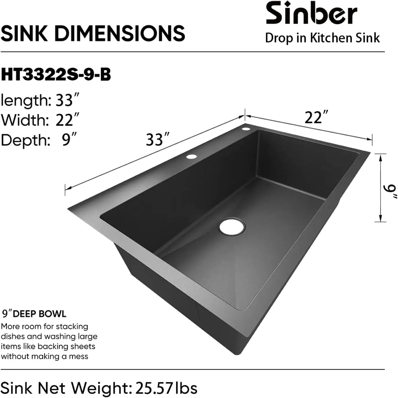 33"" X 22"" X 9"" Drop In Single Bowl Kitchen Sink With 18 Gauge 304 Stainless Steel Black Finish Ht3322S-9-B (Sink Only)