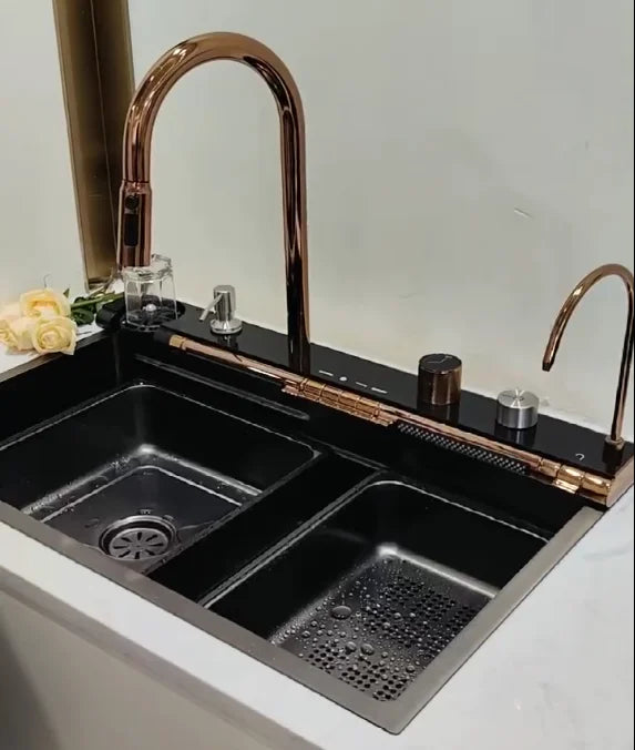 2024 Newest Design 304 Stainless Steel 30 32 Inch Waterfall Faucet Black Gold White Bionic Honeycomb Single Bowl Kitchen Sink