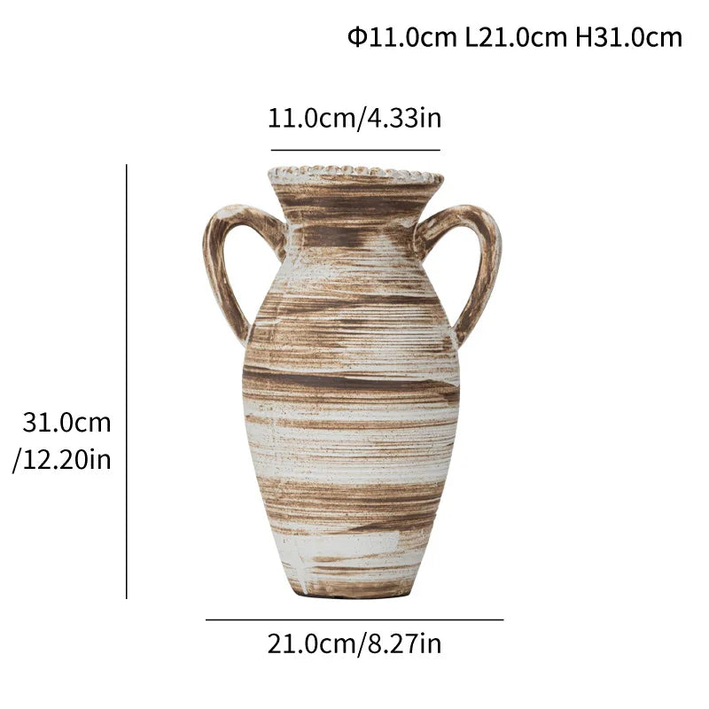 Simple Wabi Sabi Style Vase Stoneware Double Eared Round Pattern Vase, High-End Light Luxury Modern Home Decoration Ornaments