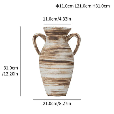 Simple Wabi Sabi Style Vase Stoneware Double Eared Round Pattern Vase, High-End Light Luxury Modern Home Decoration Ornaments