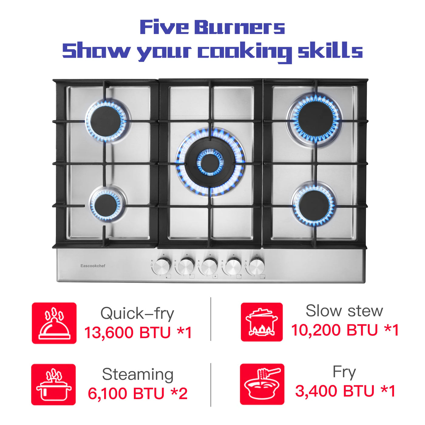 Tieasy 30 inch 5 Burners Built-in Stainless Steel LPG/NG Convertible Gas Cooktop GC002-305S