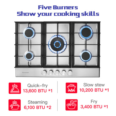 Tieasy 30 inch 5 Burners Built-in Stainless Steel LPG/NG Convertible Gas Cooktop GC002-305S