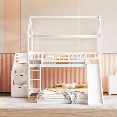 House Bunk Bed with Convertible Slide and Storage Staircase, Wood Twin Over Twin Bunk Bed Frame, No Box Spring Needed (White)