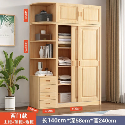 All solid wood pine sliding door wardrobe modern log children's clothes cupboard simple wardrobe home bedroom locker