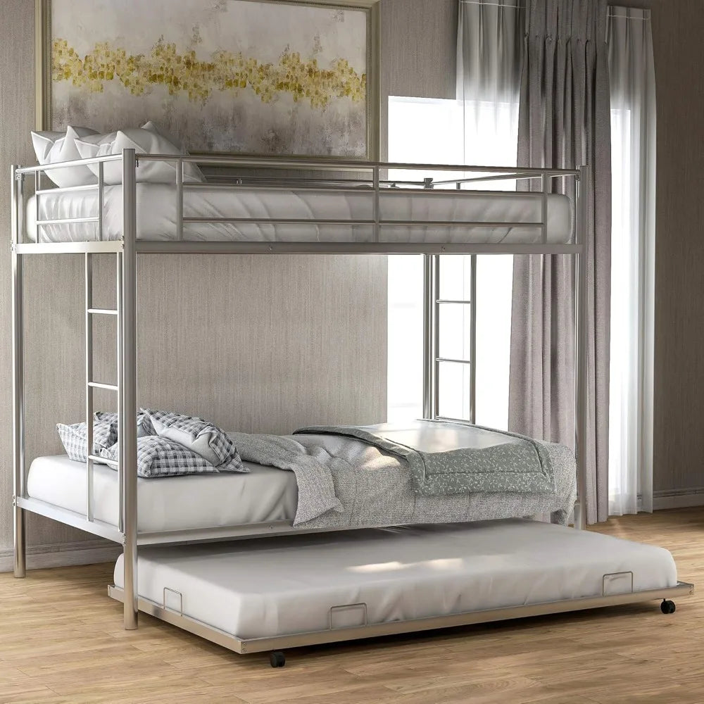 Metal Bunk Bed with Trundle, Twin Over Twin Bunk Bed Frame with Safety Guard Rails for Kids, No Box Spring Needed, Children Beds