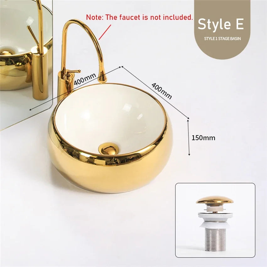 Modern Minimalist Gold Ceramic Tabletop Basin European Style Household Washbasin Basin Square Light Luxury Bathroom Wash Basins