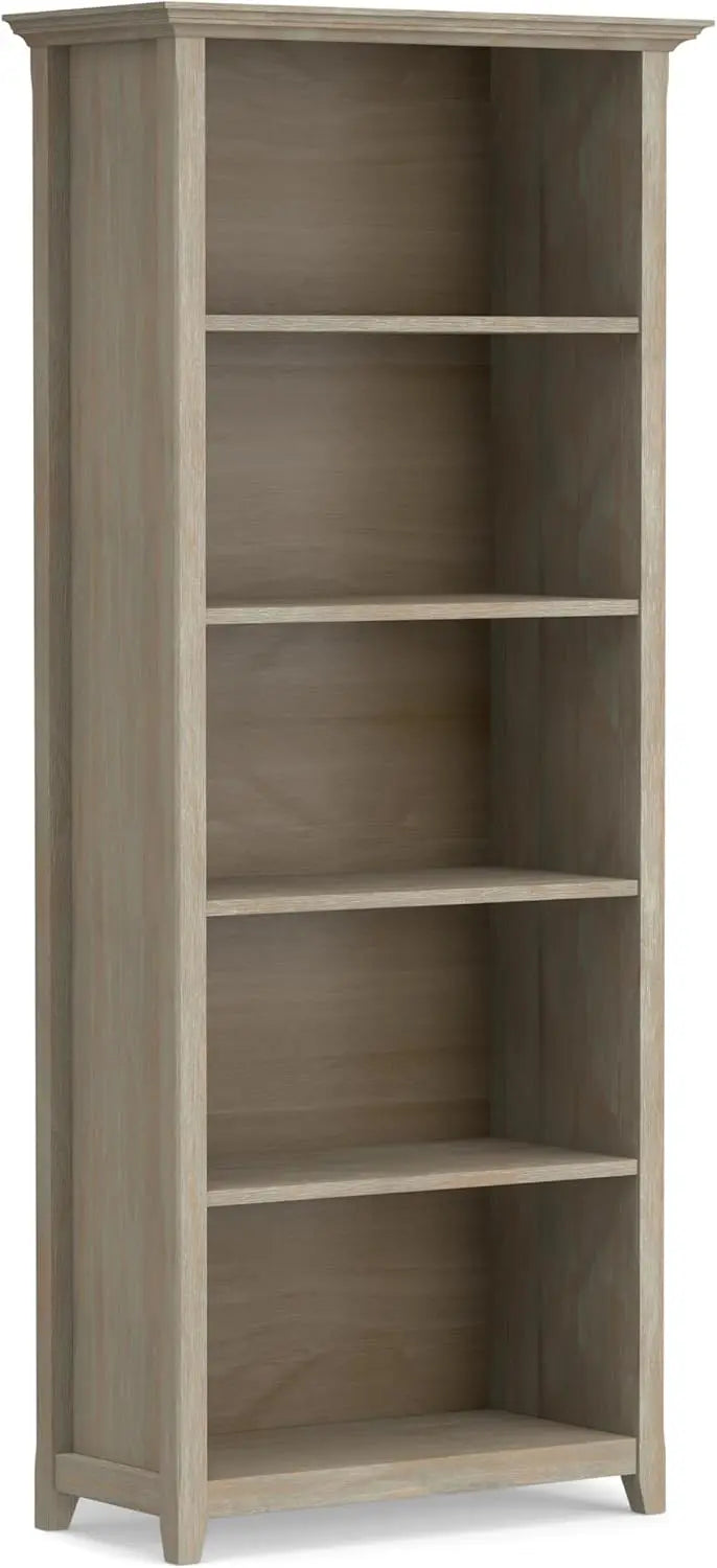 Amherst SOLID WOOD 30 Inch Transitional 5 Shelf Bookcase in Distressed Grey, For the Living Room, Study Room and Office