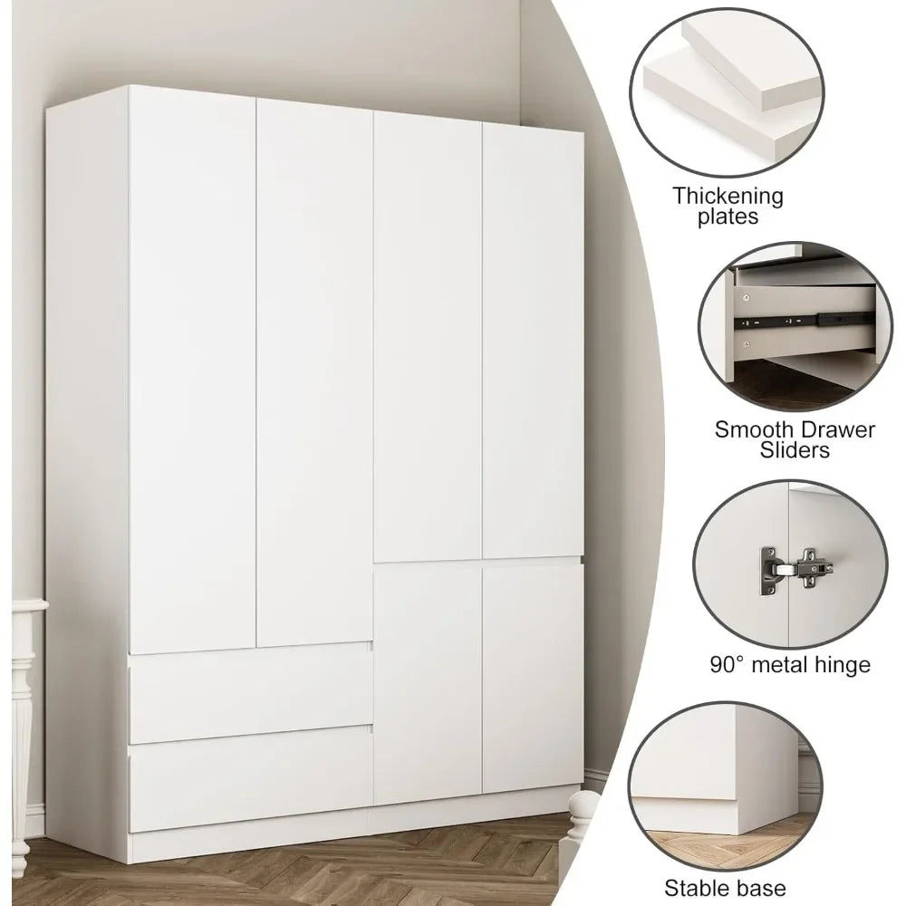 Wardrobe Closet, Armoire with Drawers and Shelves, Armoires and Wardrobes with Hanging Rod, White Wooden Wardrobe Closet