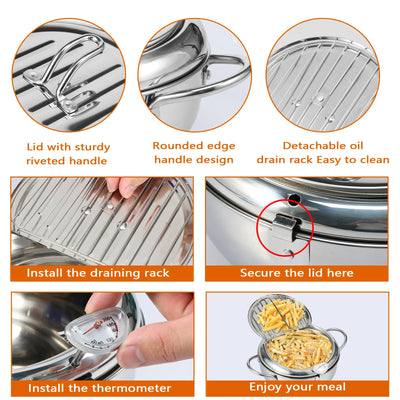 Stainless Steel Oil Pan Household Thermometer With Cover Tempura Oil Fryer Small Oil Saving French Fries Frying Pan Kitchen tool