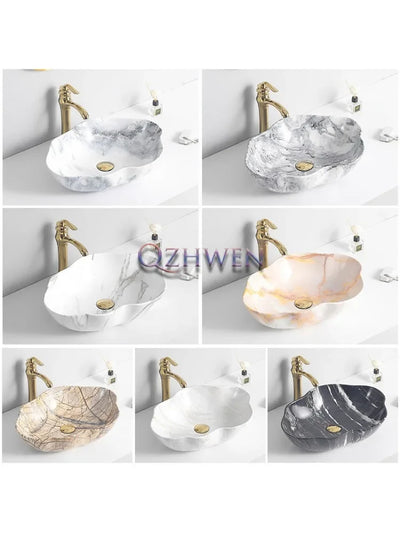 Ceramic Washbasin Marble Pattern Countertop Sinks Luxury Hotel Art Basin Flower Shape Bathroom Hand Wash Vessel Sink 50*37*14cm