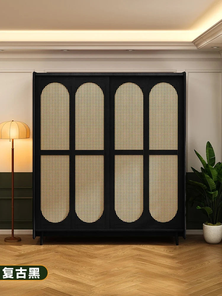 Solid Wood Wardrobe Home Bedroom Small Apartment Closet American Style French Style Retro Wardrobe Rattan Sliding Door Wardrobe