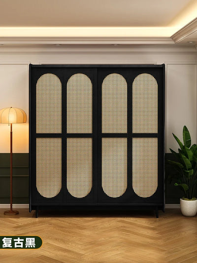 Solid Wood Wardrobe Home Bedroom Small Apartment Closet American Style French Style Retro Wardrobe Rattan Sliding Door Wardrobe