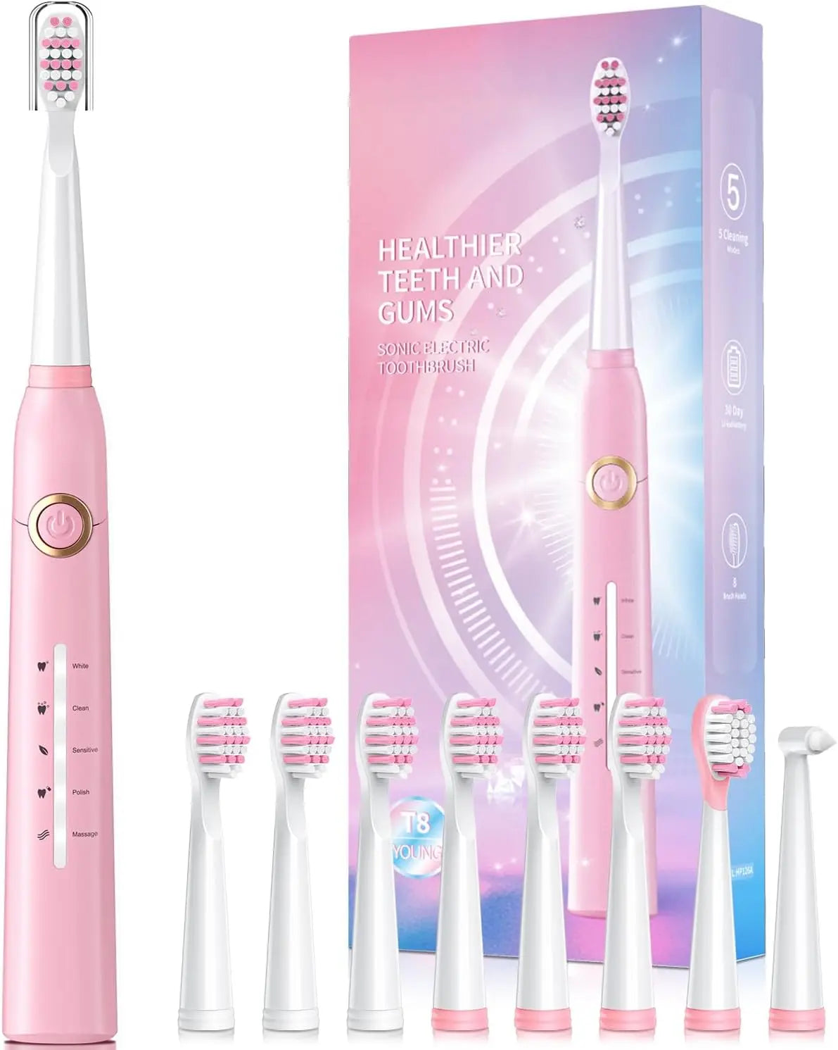 Electric Toothbrush for Adults with 8 Brush Heads, Sonic Electric Toothbrush with 40000 VPM Deep Clean 5 Modes, Rechargeable