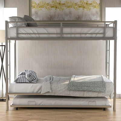 Metal Bunk Bed with Trundle, Twin Over Twin Bunk Bed Frame with Safety Guard Rails for Kids, No Box Spring Needed, Children Beds